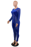 Blue Sexy Patchwork Mesh O Neck Skinny Jumpsuits
