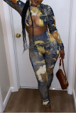 Blue Sexy Print Split Joint Half A Turtleneck Long Sleeve Two Pieces