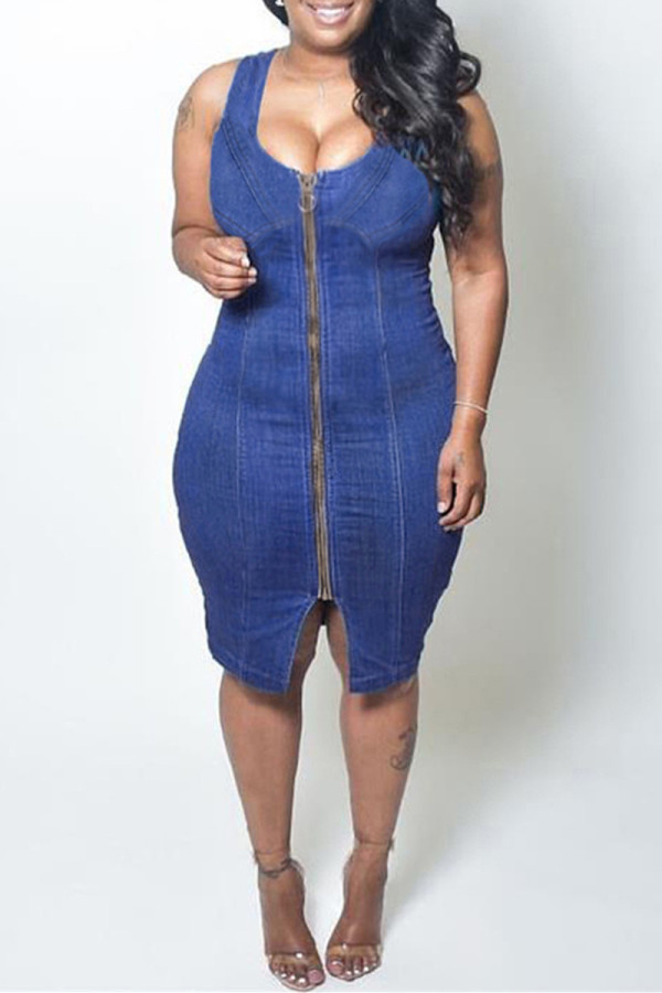 Blue Fashion Sexy Solid Slit Zipper U Neck Vest Dress Dresses