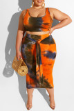 Orange Polyester Fashion Sexy Casual O Neck Tie Dye Plus Size