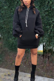 Black Casual Bubble sleeves Long Sleeves Hooded Straight skirt Solid Dresses