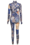 Blue Sexy Print Split Joint Half A Turtleneck Long Sleeve Two Pieces