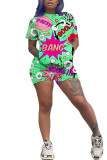 Green Polyester Fashion Casual adult Ma'am Print Character Two Piece Suits Straight Short Sleeve Two Pieces
