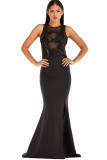 Black Polyester Sexy Tank Short Sleeves O neck Step Skirt Floor-Length Solid Club Dresses