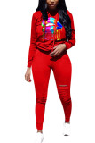 Red Fashion Sexy adult Ma'am Print Burn-out Two Piece Suits pencil Long Sleeve Two Pieces