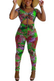 Blue Fashion Sexy Print Short Sleeve V Neck Jumpsuits