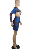 Blue Network Sexy Cap Sleeve Long Sleeves O neck Step Skirt skirt Patchwork hollow out Print Long Sleeve