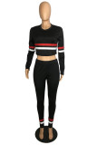 Black Sexy Striped Patchwork Long Sleeve Two Pieces