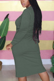 Dark green Fashion Casual Adult Polyester Solid Split Joint Draw String O Neck Long Sleeve Knee Length T-shirt Dress Dresses