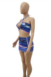 Blue Fashion Sexy Print Backless Halter Sleeveless Two Pieces