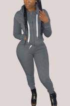 Dark Gray Fashion Casual Adult Polyester Solid Pocket Hooded Collar Long Sleeve Regular Sleeve Regular Two Pieces