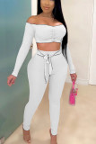 White Sexy Polyester Solid Split Joint Bateau Neck Long Sleeve Short Two Pieces