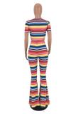multicolor Polyester Casual Striped Print Boot Cut Short Sleeve Two-piece Pants Set