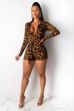 Red Fashion Sexy bandage Leopard grain Print Polyester Long Sleeve V Neck