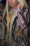 Black Sexy Print Patchwork V Neck Long Sleeve Two Pieces