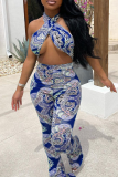 Blue Sexy Print Patchwork Sleeveless Two Pieces