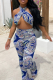Blue Sexy Print Patchwork Sleeveless Two Pieces