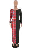 Red Casual Plaid Patchwork O Neck Straight Dresses