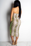 Khaki Fashion Sexy Off The Shoulder Sleeveless Wrapped chest Step Skirt Mid-Calf Print Patchwork
