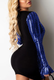 Blue Sexy Solid Sequins Split Joint Fold V Neck Pencil Skirt Dresses