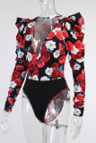Red Sexy Print Patchwork V Neck Skinny Bodysuits