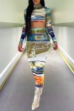 Multicolor Casual Print Patchwork Half A Turtleneck Long Sleeve Two Pieces