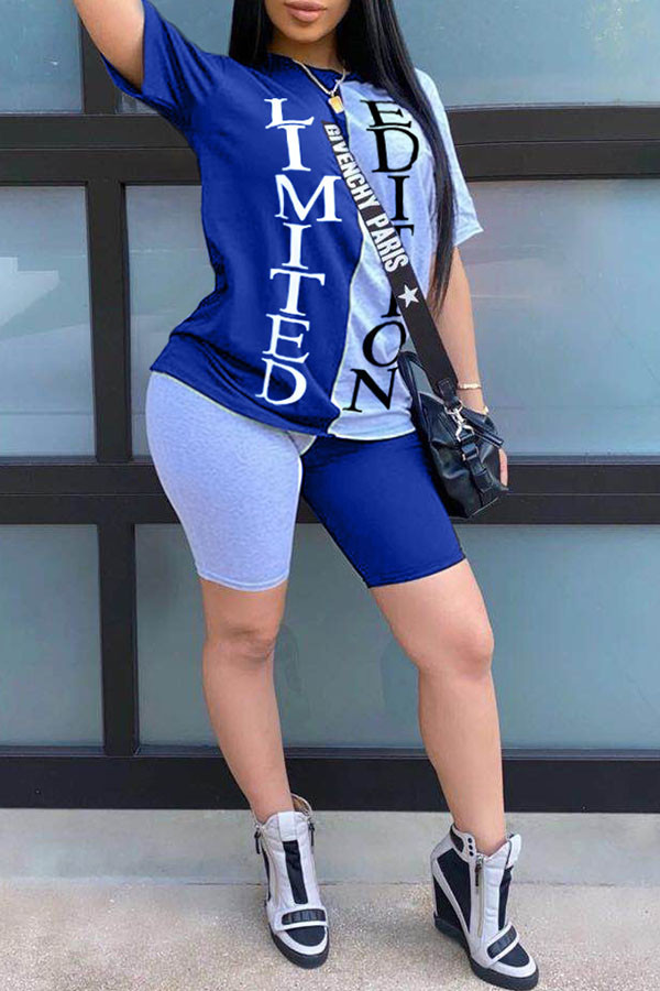 Blue Fashion Active adult Ma'am Letter Patchwork Print Two Piece Suits pencil Short Sleeve Two Pieces
