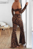 Brown Fashion Sexy Print Hollowed Out Strapless Long Sleeve Two Pieces