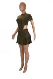 Silver Polyester adult Sexy Fashion asymmetrical Two Piece Suits Pleated skirt Short Sleeve