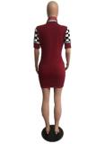 Wine Red Polyester Casual Fashion Sexy Cap Sleeve Short Sleeves Turndown Collar Pencil Dress Mini Print Patch