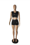 Black Fashion Casual Letter Print Basic O Neck Short Sleeve Two Pieces