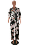 Black Button Fly Mid Print Straight Pants Two-piece suit
