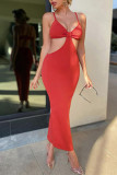 Orange Sexy Solid Hollowed Out Backless Strapless Straight Dresses