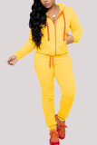 Yellow Sexy Casual Blends Solid Draw String Pocket Hooded Collar Long Sleeve Regular Sleeve Regular Two Pieces