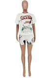 White Fashion Casual Print Basic O Neck Short Sleeve Two Pieces