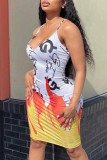 White Fashion Sexy Print Backless Spaghetti Strap Sleeveless Dress