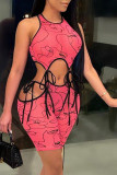Pink Sexy Print Bandage O Neck Sleeveless Two Pieces