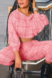Pink Sexy Plaid Print O Neck Long Sleeve Two Pieces