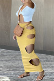 Yellow Fashion Sexy Solid Hollowed Out Asymmetrical V Neck Short Sleeve Two Pieces