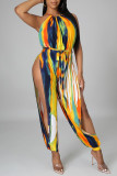 Yellow Fashion Sexy Print Tie Dye Slit O Neck Regular Jumpsuits