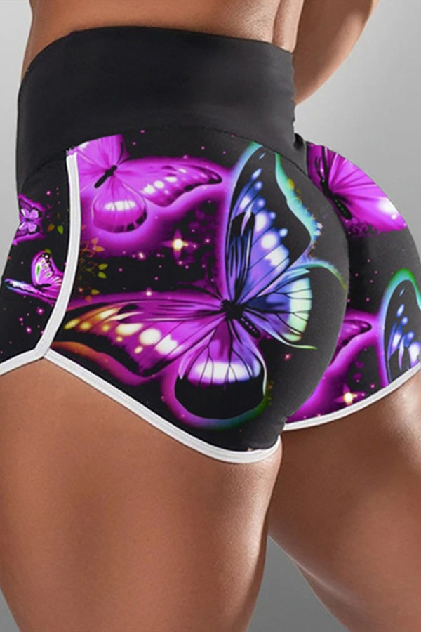 Black Casual Sportswear Print Patchwork Skinny High Waist Shorts