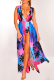 Blue Sexy Print High Opening V Neck Straight Dresses