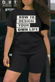 Black Fashion Casual Letter Print Basic O Neck Short Sleeve Two Pieces