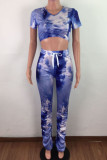 Blue Polyester Fashion Casual adult Ma'am Print Draped Two Piece Suits pencil Short Sleeve Two Pieces