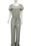 Blue Fashion Casual Print Striped Patchwork bandage Polyester Short Sleeve O Neck Jumpsuits