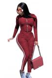 Wine Red Fashion adult Sexy Ribbon Stringy selvedge Solid Two Piece Suits Patchwork pencil Long Sle