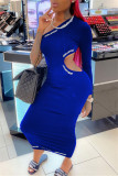 Deep Blue Fashion Sexy Letter Hollowed Out Oblique Collar Long Sleeve Dresses