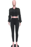 Black Sexy Solid Two Piece Suits pencil Long Sleeve Two-piece Pants Set