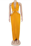 Rose Red Fashion Sexy Solid Hollowed Out Backless Slit Halter Sleeveless Dress