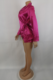 Rose Red Casual Solid Bandage Patchwork Turndown Collar Long Sleeve Two Pieces